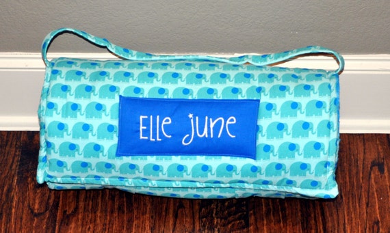 Nap Mat - Monogrammed Bungle Jungle Elephants in Aqua Nap Mat with Azure Blue Minky Dot Blanket