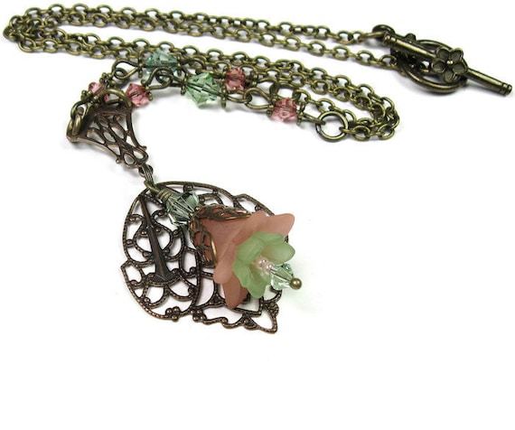Peach and Chrysolite Flower Necklace Gifts for Gardeners Pastel Necklace Vintaj Brass Floral Jewelry Woodland Garden Peach Flower Necklace