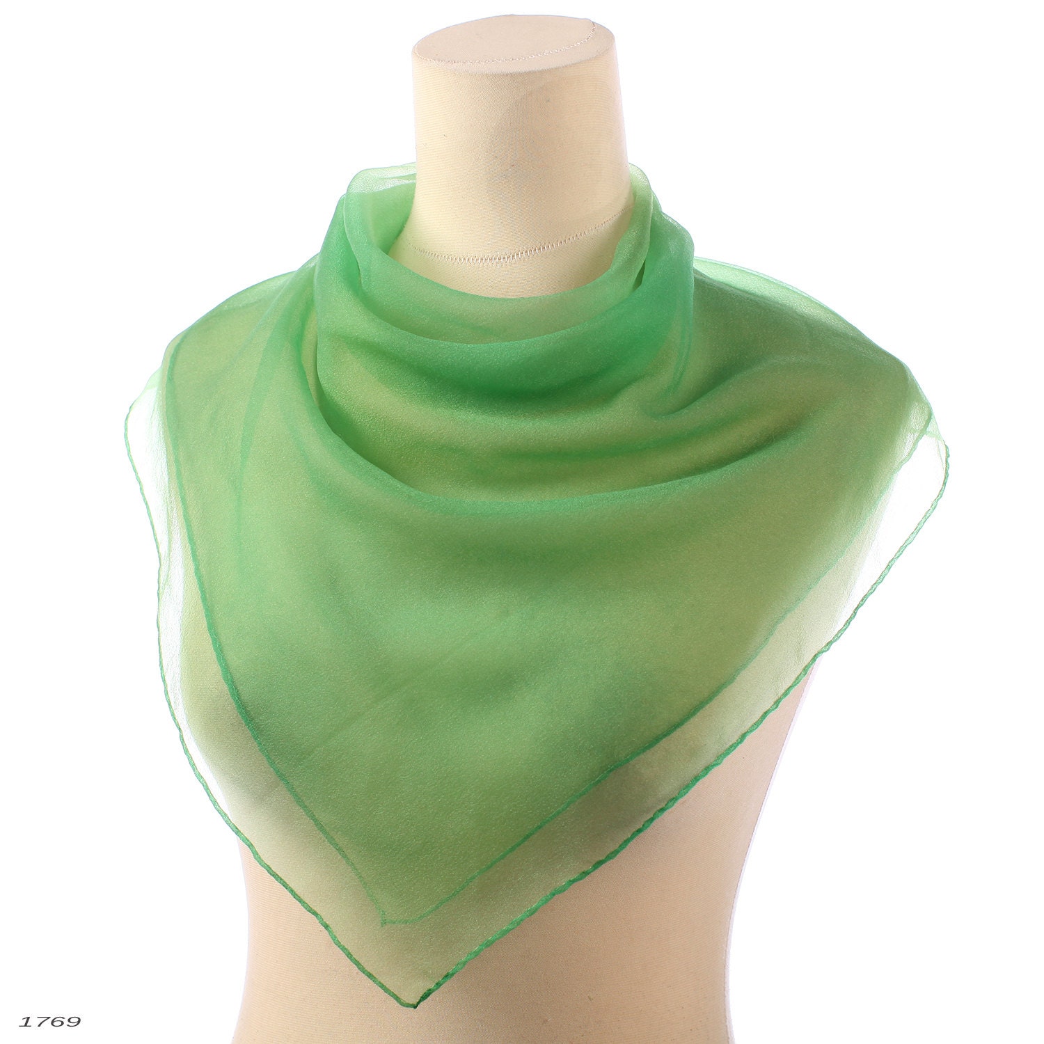 Vintage NYLON Scarf . 50s Sheer GREEN Neck Kerchief 28 X 28 In Square Mad Men Transparent Retro