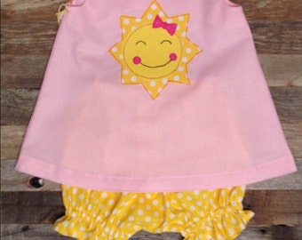 Pink and yellow You Are My Sunshine or Our Little Sunshine First Birthday dress and bloomers