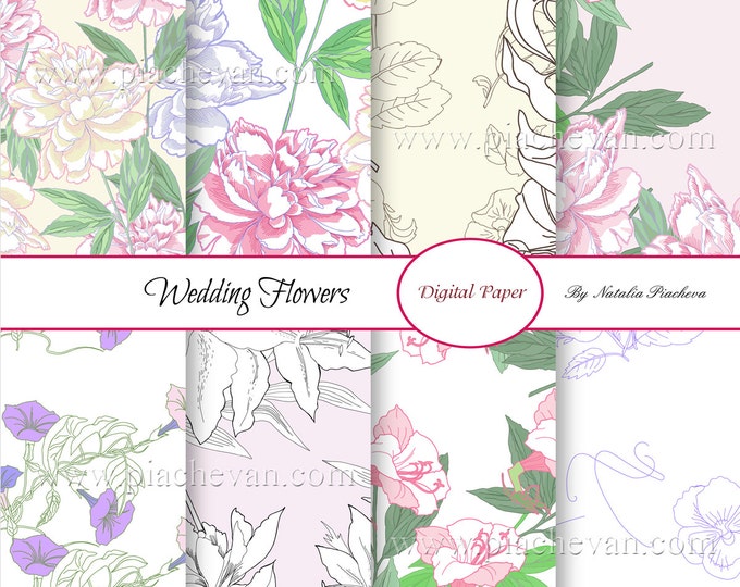 Digital Paper with Wedding Flowers, bouquet, flowers, hand drawing, pansy, wedding, peony, liliy, wedding invitation, scrapbooking,