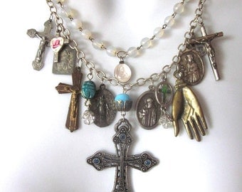 SALE Statement Necklace, Religious Assemblage Charm Necklace, Vintage ...