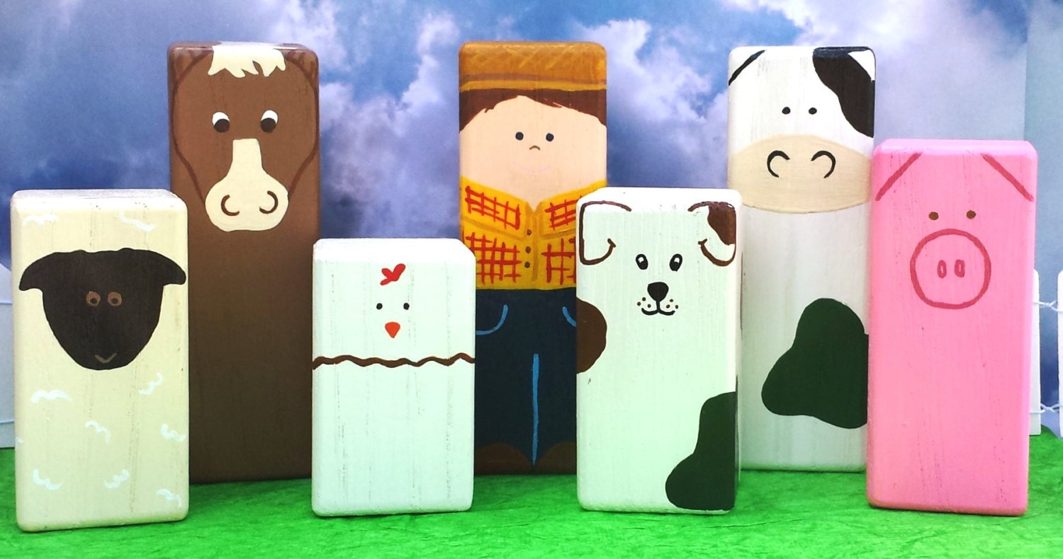 Wood Farm Set Hand Painted Wooden Block Toys Farm Animal