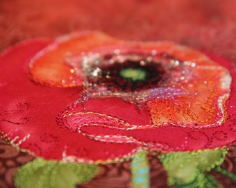 MarveLes PAISLEY POPPY Art Quilt Wall Hanging Hand Painted Modern Home Decor Decor Orange Rusty Rosey Brown