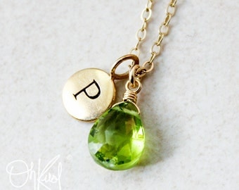 Gold Green Peridot Necklace - August Birthstone - Initial Necklace