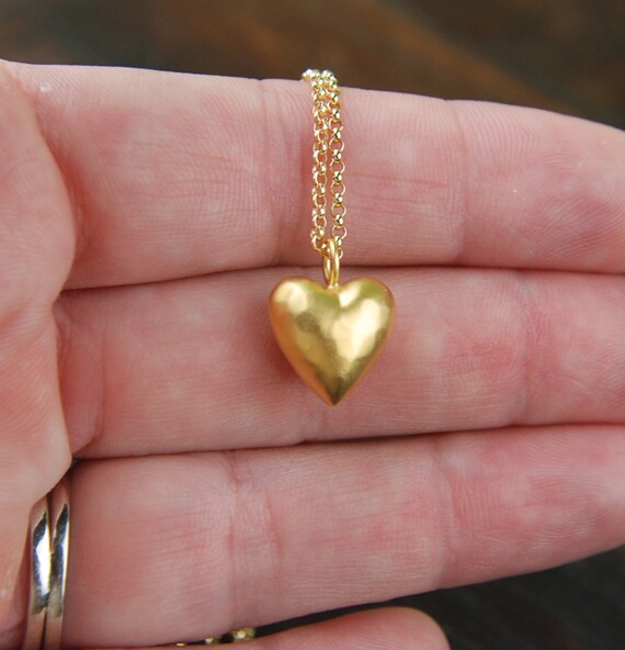 Gold puffy heart pendant and gold filled necklace puffed