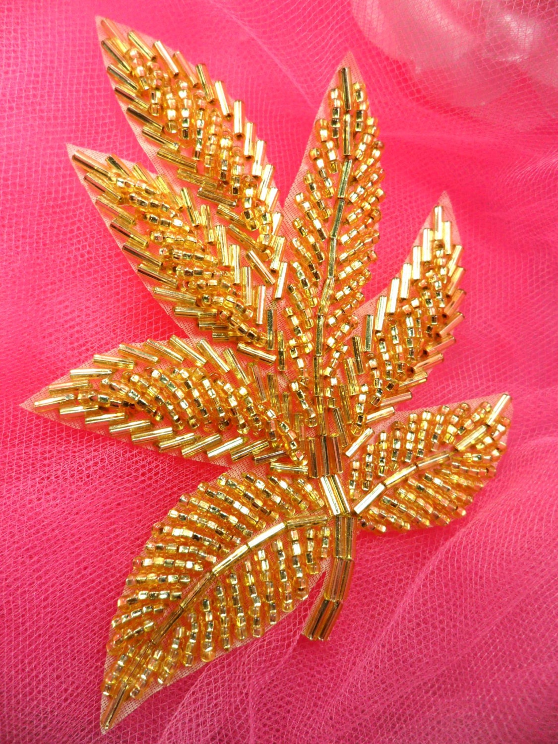 FS140 Leaf Applique Gold Beaded Motif Patch 4