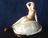 Vintage German Bisque Bathing Beauty on Turtle / Mermaid Beauty Figurine