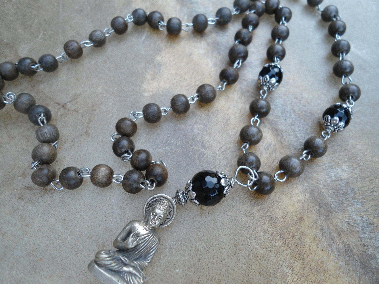 Unique Buddhist Mala Beads Buddha Necklace Black Onyx Grey