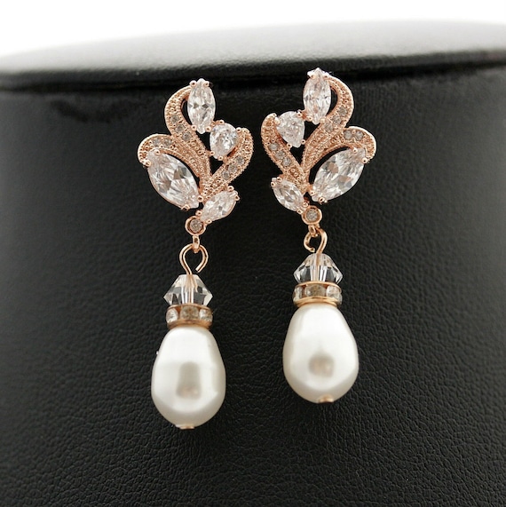 Rose Gold Wedding Earrings Pearl Bridal Jewelry by