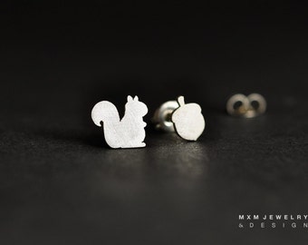 Tiny Sterling Silver Squirrel & Acorn Stud Earrings