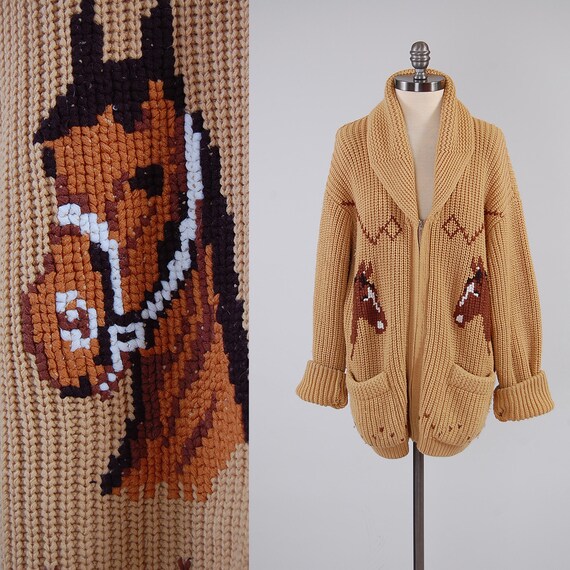 Vintage 70s tan knit HORSE cardigan / by digvintageclothing