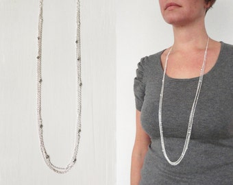 Long layered necklace silvery glass beads sparkly chains necklace elegant minimalist