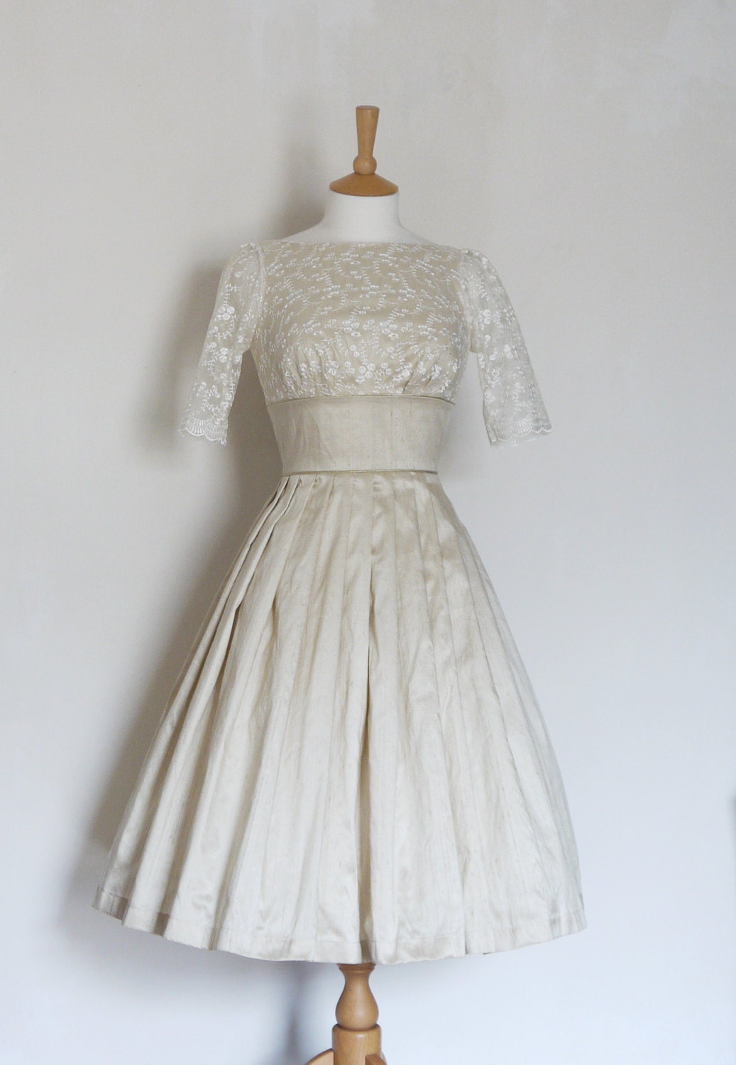 Champagne Silk Dupion Lace Audrey Boat Neck Full Skirt Wedding