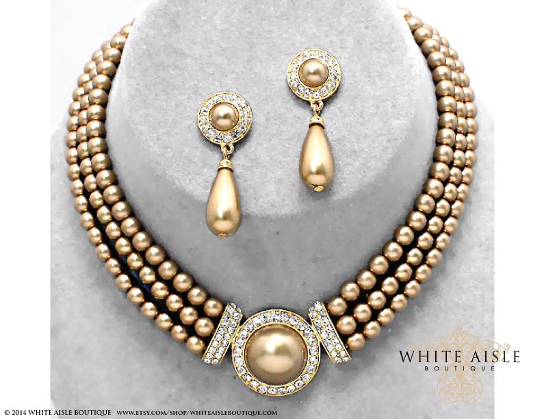 Gold Pearl Necklace Set Bridal Jewelry Set by WhiteAisleBoutique
