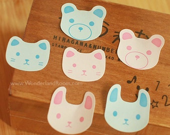 24 Rabbit / Cat / Bear Face Stickers - Blue & Pink (1 x 1in)