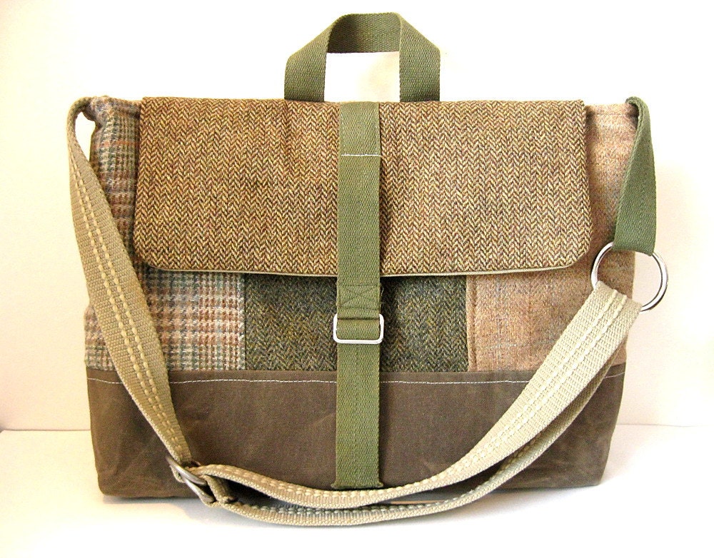 Khaki Waxed Canvas and Recycled Suit Coat Messenger bag Mens