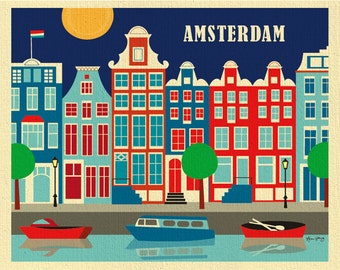 Amsterdam Print, Amsterdam Poster, Amsterdam Wall Art, Amsterdam Holland Retro Travel Art, Dutch Print, Holland Art Print - style E8-O-AMS