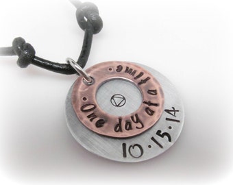 Sobriety Necklace Addiction Recovery Jewelry Recovering Alcoholic One Day At A Time Sobriety Date Jewelry Necklace Adjustable Leather Cord