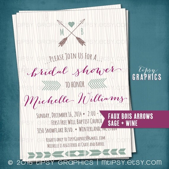 Tribal Arrow Baby Shower Invitation. Faux Bois. Rustic Natural Bridal Party Invite. Wood Grain Monogram. Any Colors. Occasion Il_570xn