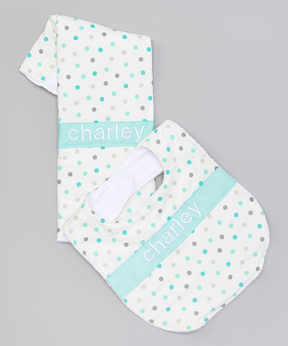 Personalized Bib and Burp Cloth Set Mint and Gray by lunaandbean