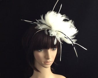 White Fascinator with Feathers, Wedding Headpiece, Bridal Headband, Kentucky Derby Fascinator,Melbourne Cup, Hair accessories