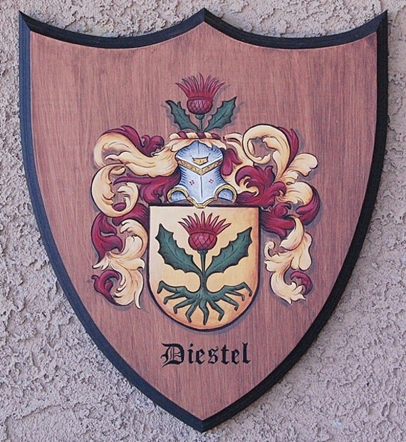 Family crest wooden plaque hand painted Coat of Arms 8 x 9