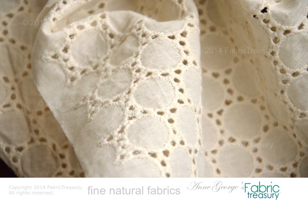 Organic cotton eyelet fabric. Cream Embroidered Cotton eyelet