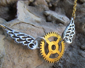 Winged Clock Gear Steampunk Necklace Pendant Z
