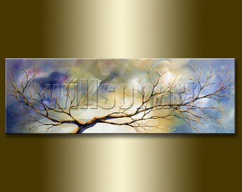 Birch Landscape Painting Original Oil on Canvas Textured Palette Knife Contemporary Modern Tree Art Seasons 15X40 by Willson Lau