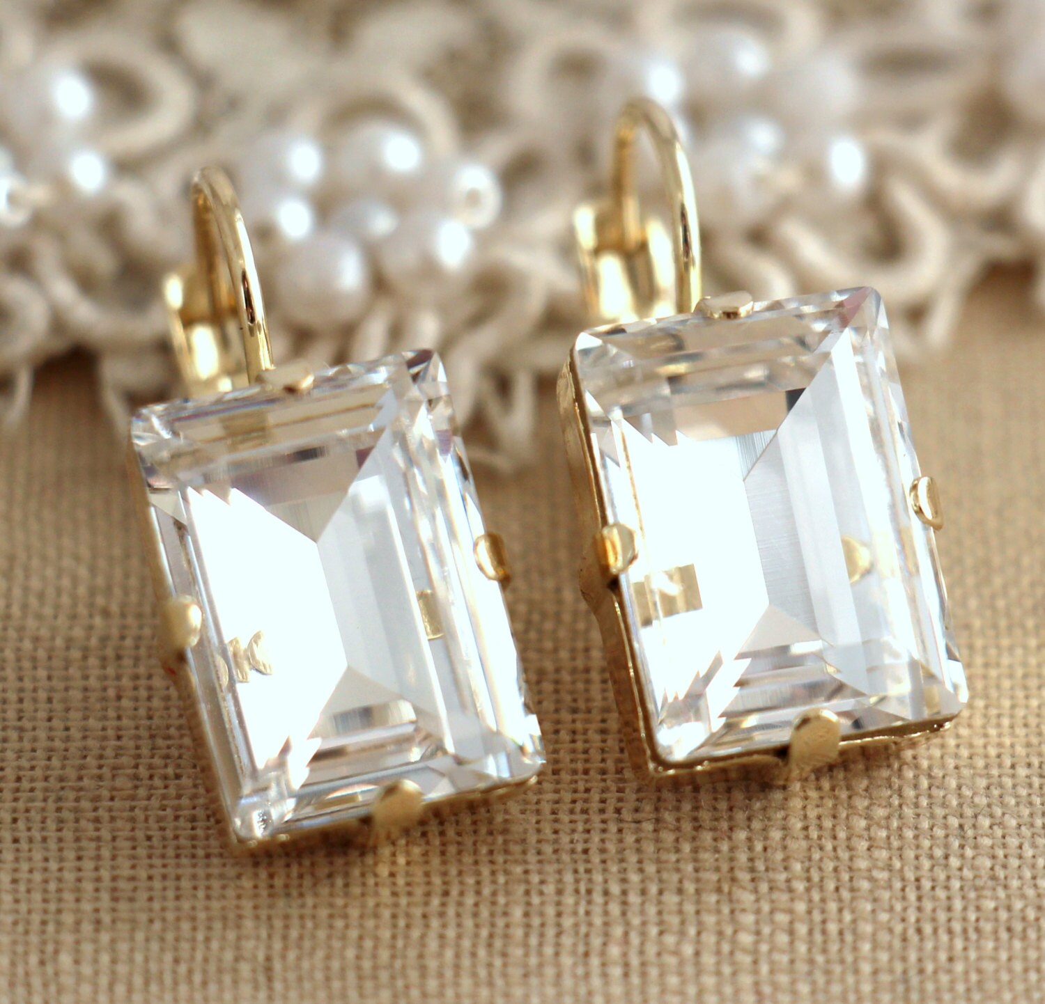 White Crystal Gold drop earrings Swarovski Bridal earrings