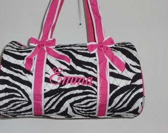 Personalized 17" Zebra Duffle Bag with Hot Pink Trim Dance Bag Gym Bag
