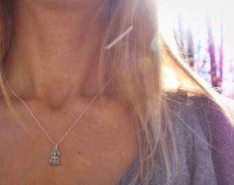 Think Peace - Sterling silver Buddha charm necklace, tiny buddha charm necklace, sitting buddha, buddhist, zen jewelry, peace, silver buddha