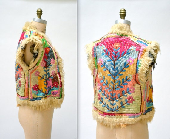 Vintage Embroidered Shearling Vest// 70s Shearling Embroidered