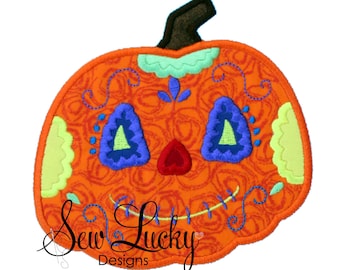 Sugar Skull Pumpkin Applique Design - machine embroidery design- Many formats - INSTANT DOWNLOAD