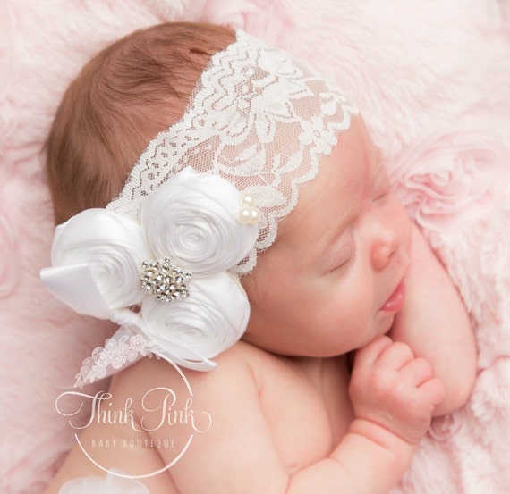 White baby Headband, Baptism Headband, Christening Headband, Newborn Headband, Girls Headband, Flower Girl Headbands, Girls Headband. by ThinkPinkBows