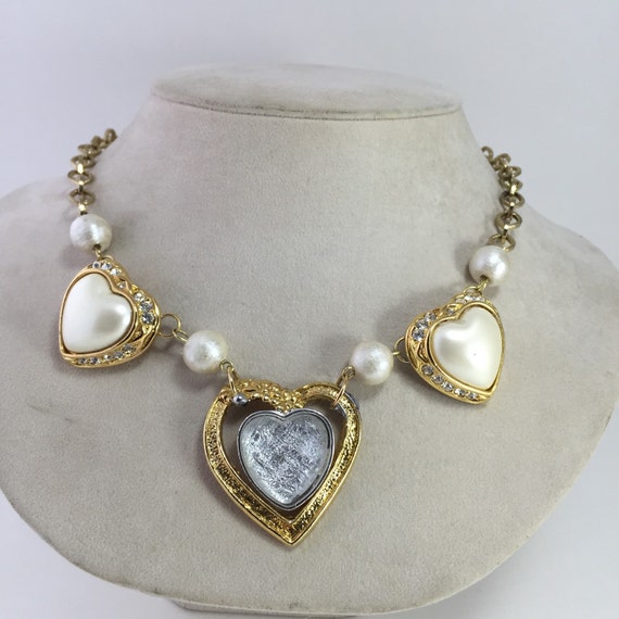 Pearl Heart Necklace Rhinestones Vintage Jewelry Assemblage