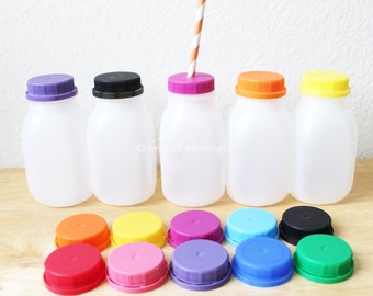 Milk Bottles, Plastic Milk Bottle With Colored Lids With or Without Straw Holes, Plastic Kids Party Cups, Farm Party, Baby Shower, Party