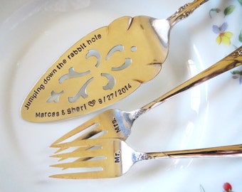 Vintage Wedding, Alice in Wonderland, Fairytale, Table Setting, Silverplate Cake Server, Cake Forks, Hand Stamped, PERSONALIZE and CUSTOMIZE