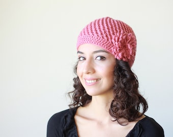 Rose pink crochet hat for women, Crochet beanie with flower, Women beanie hat, Women's crochet hats, Crochet beanie women
