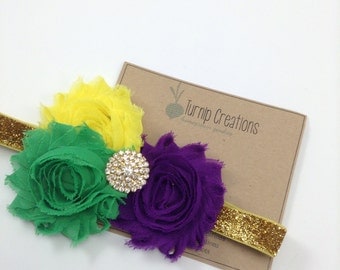 Mardi Gras Headband Purple Headband Green & Yellow Headband Feather Headband Gold Glitter Photo Prop Carnival Headband Carnivale
