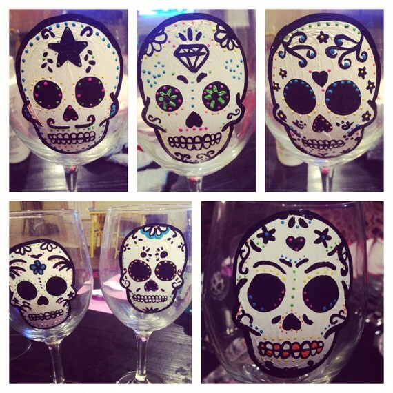 Sugar skull painted wineglass