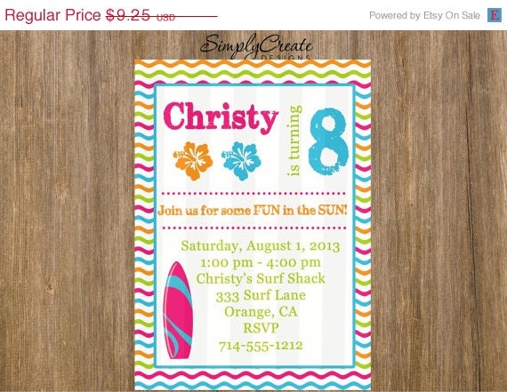 SALE Surf Party Beach Girl Invitation 5x7 or 4x6 Invite Jpeg DIGITAL File Il_570xn