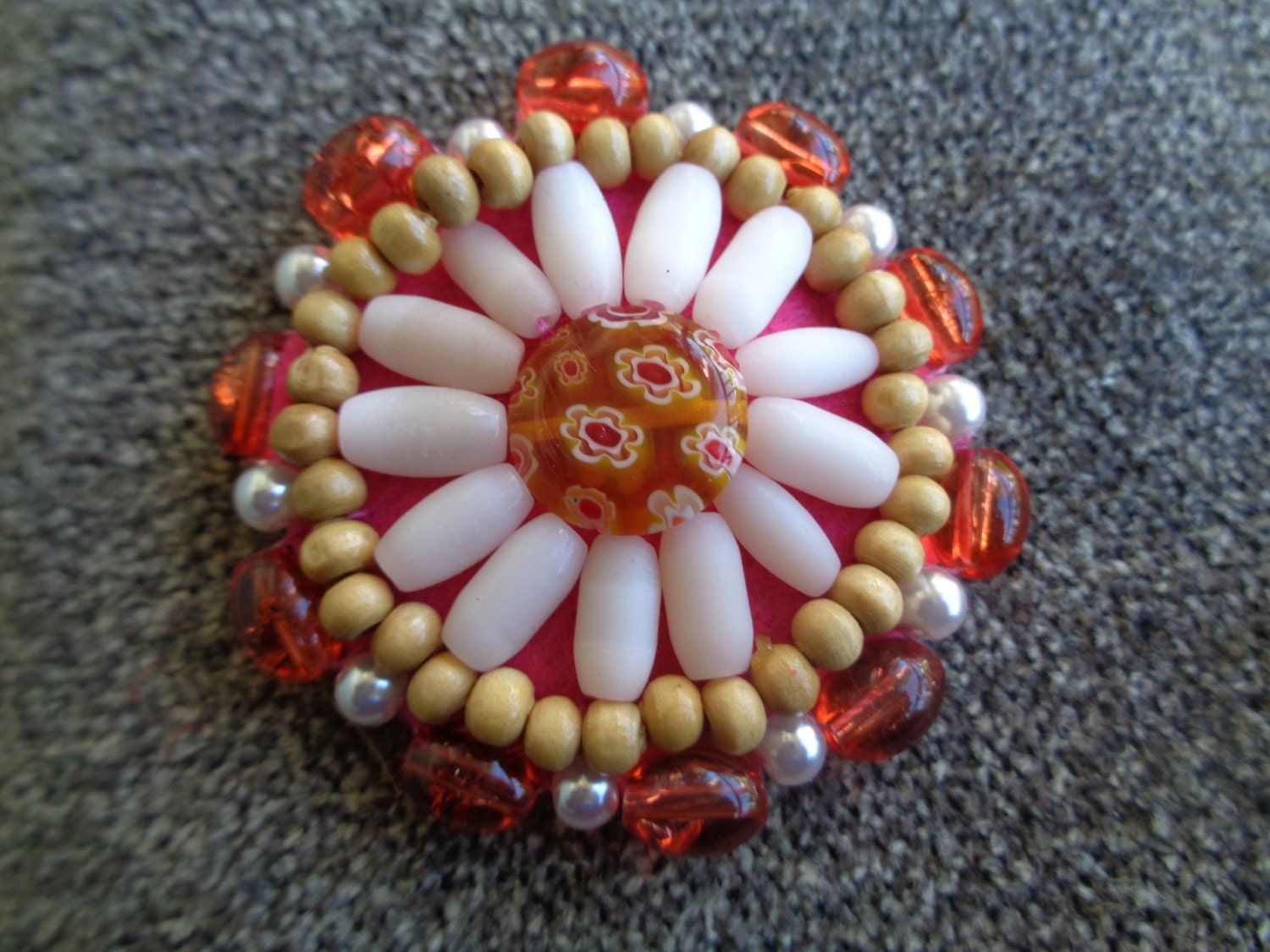 Beautiful Beaded Flower Applique Orange Faux Pearl Wood Beads