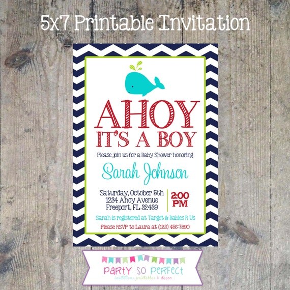 NAVY CHEVRON WHALE - Baby Boy Shower 5x7 Invitation Printable Il_570xn