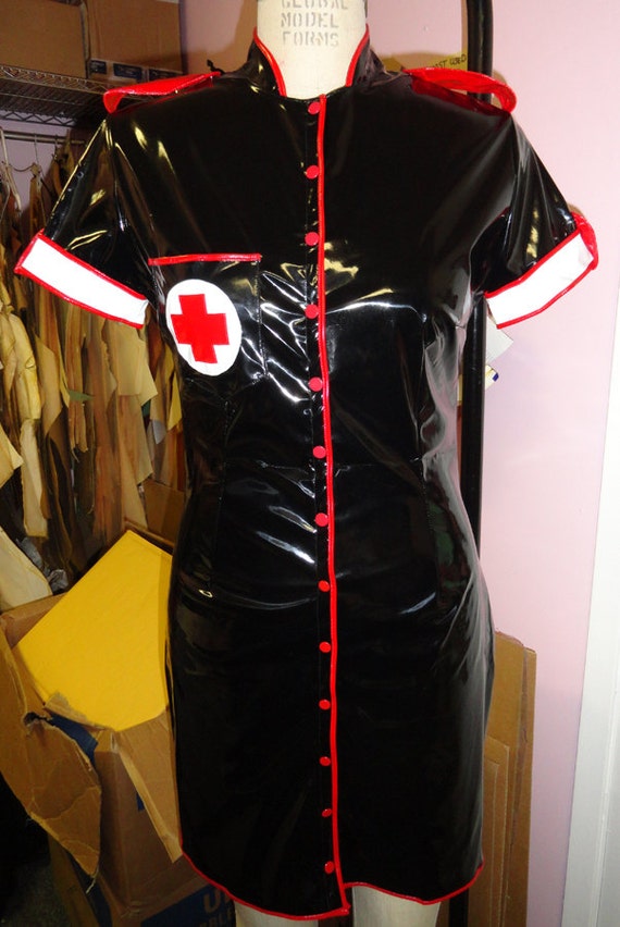 CLEARANCE BLACK pvc Military Nurse jacket with Red pvc accents