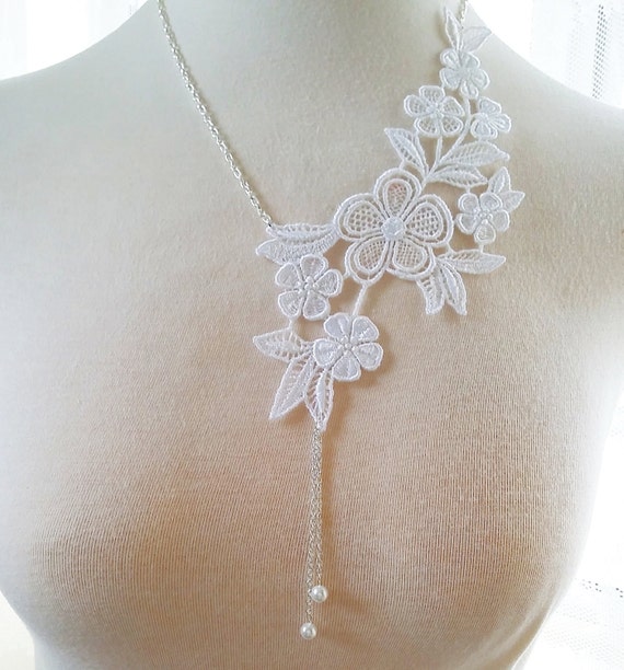 White Lace Necklace Fabric Jewelry Flower Necklace by JoolaDesigns