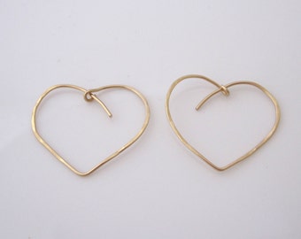 Large Gold Heart Hoop Earrings Large Gold Wire Heart Hoops