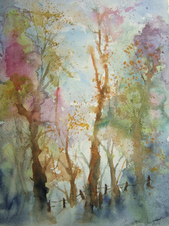 Print Of Original Watercolor landscape painting Autumn Woods