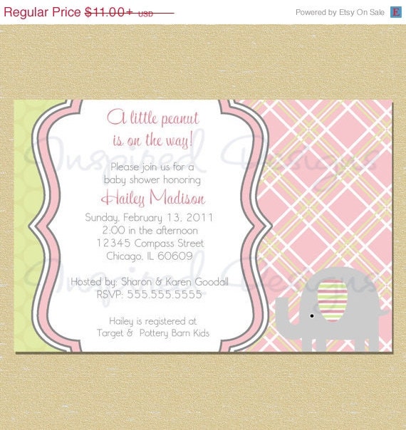 ON SALE Pink & Green Spring Colors Elephant Baby Shower Invitation Il_570xn